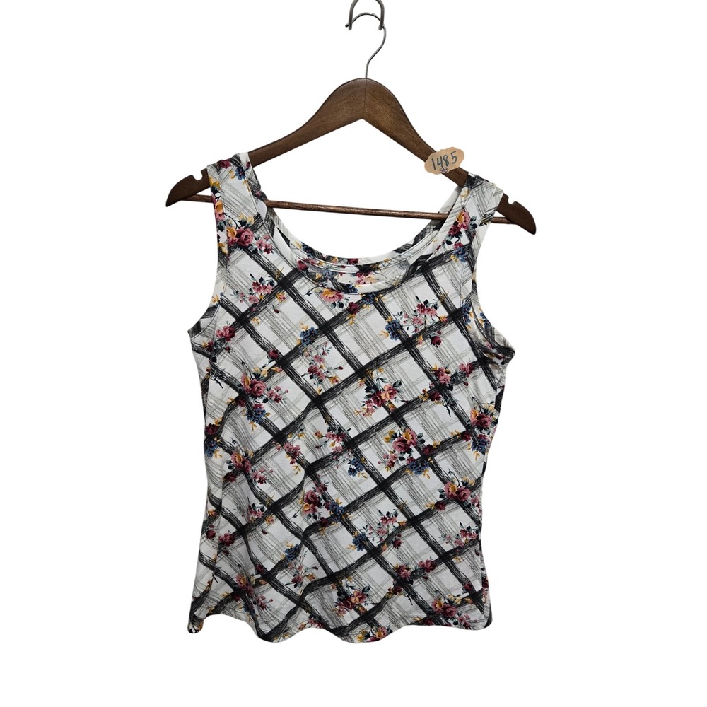 Time and Tru Womens Floral Plaid Tank Top Grey Flannel Print Size S 4-6